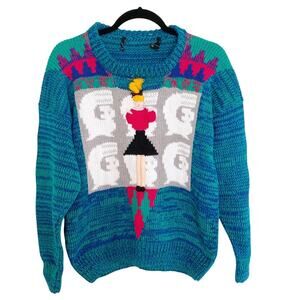 Vintage Peruvian Hand Knit Teal Happy Girl Novelty Sweater Medium